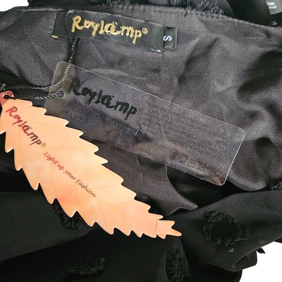 Womens Size S Swiss Dot Textured Black V-Neck Mini Dress W/ Ruffle Hem Casual - Picture 11 of 12